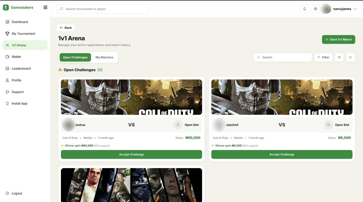 Gamestakers: 1v1 arena, open and direct challenges