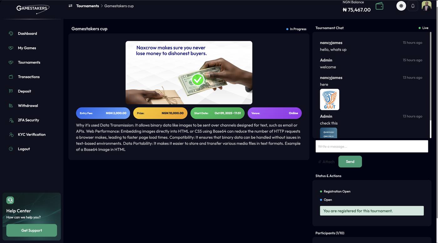 Gamestakers: A live tournament with match chat and registration state