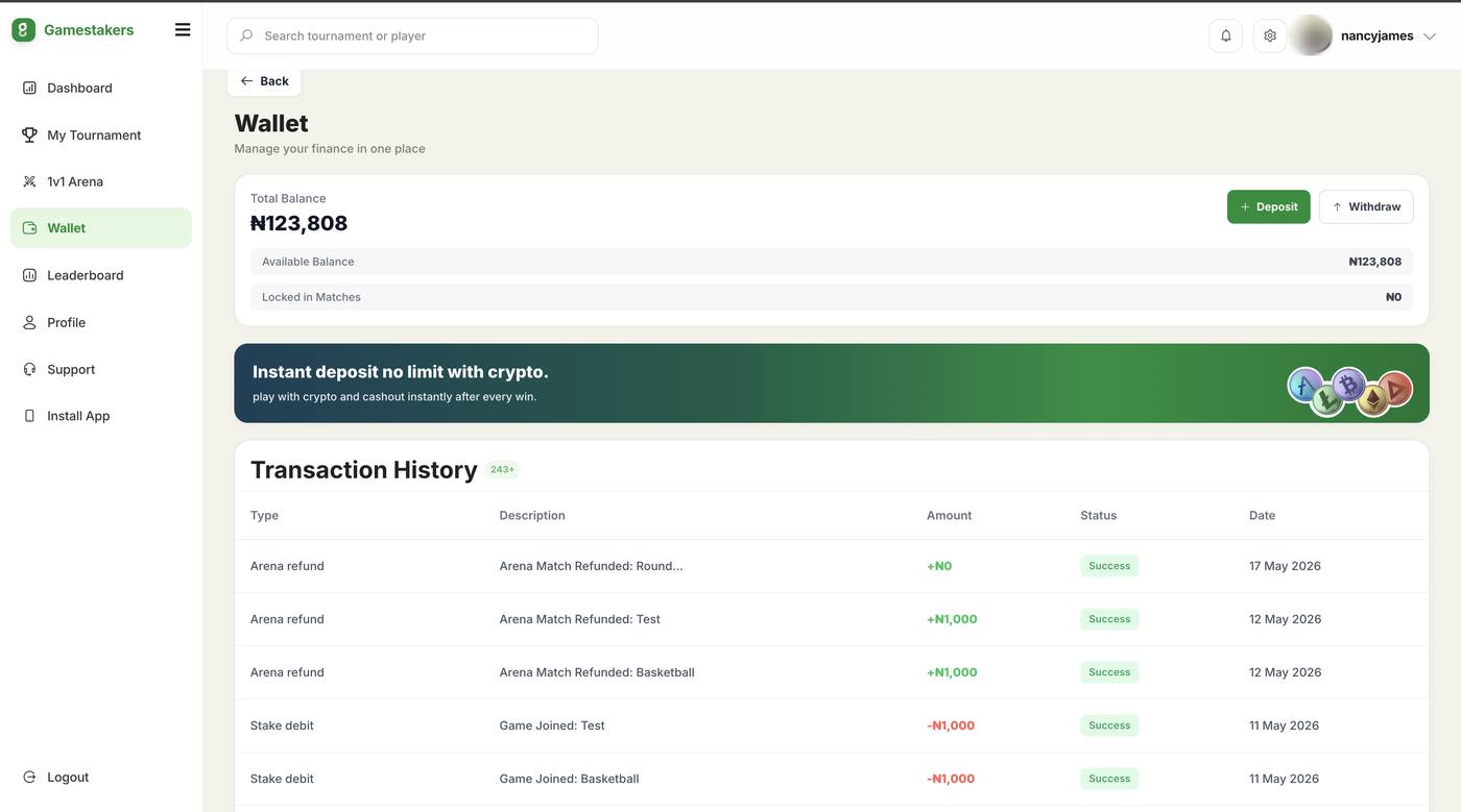 Gamestakers: Wallet, balances and transaction history