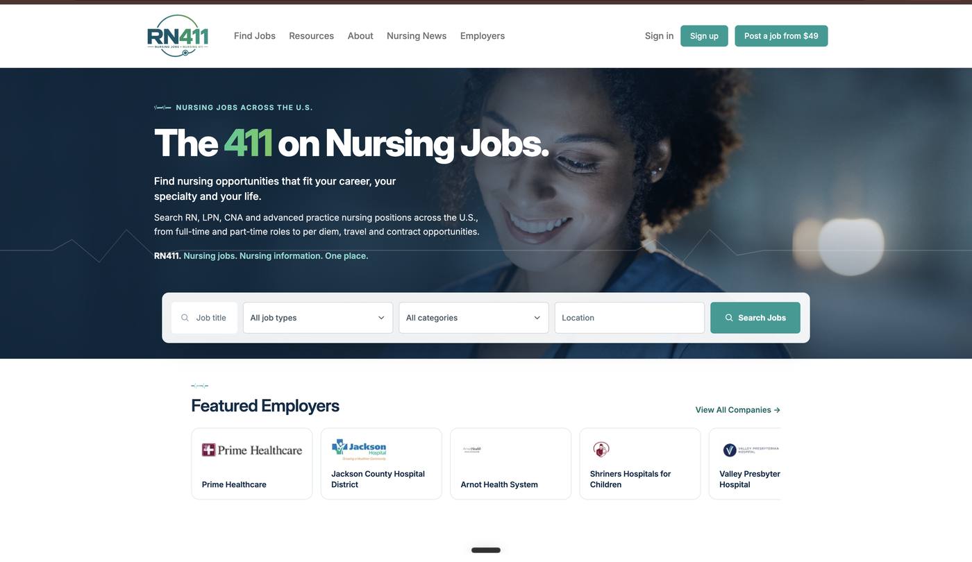 RN411: The 411 on nursing jobs. Search sits inside the hero because search is the product.